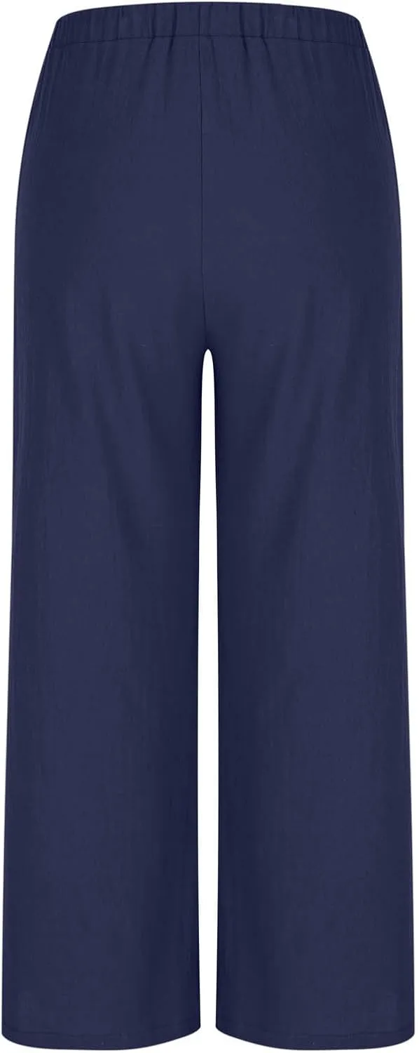Women's Cotton Linen Summer Palazzo Pants Drawstring Elastic Waist Causal Flowy Wide Leg Beach Trousers with Pockets