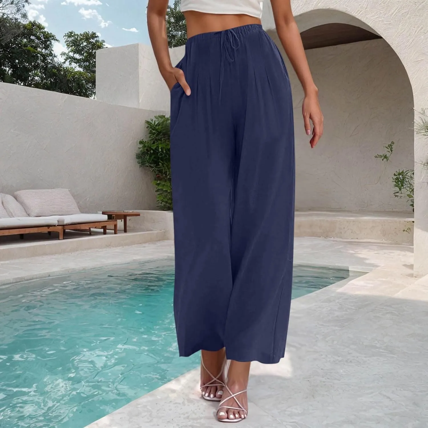 Women's Cotton Linen Summer Palazzo Pants Drawstring Elastic Waist Causal Flowy Wide Leg Beach Trousers with Pockets