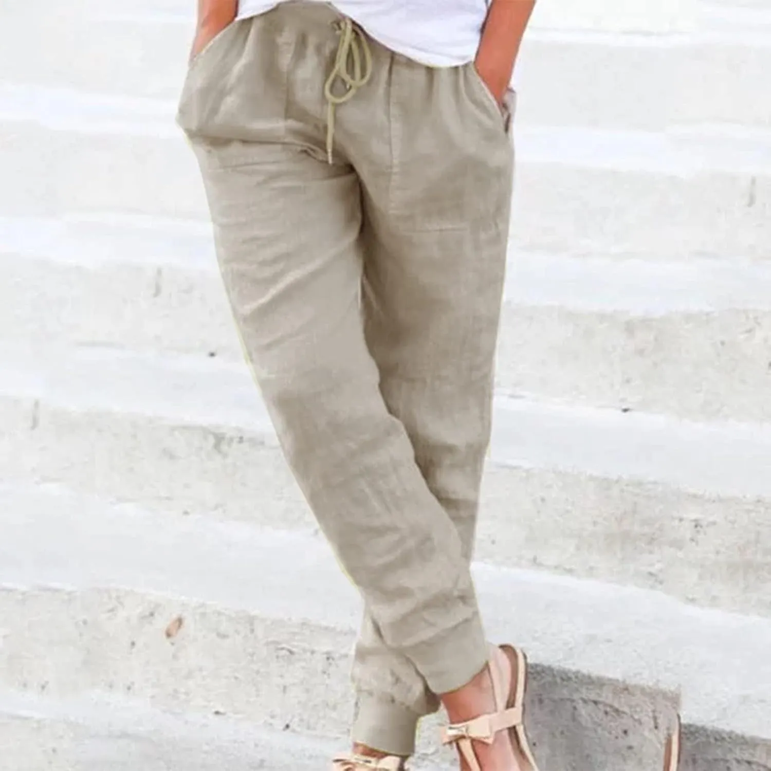 Womens Cotton Linen Tapered Pants Summer Drawstring Elastic Waist Pants Casual Trousers with Pockets