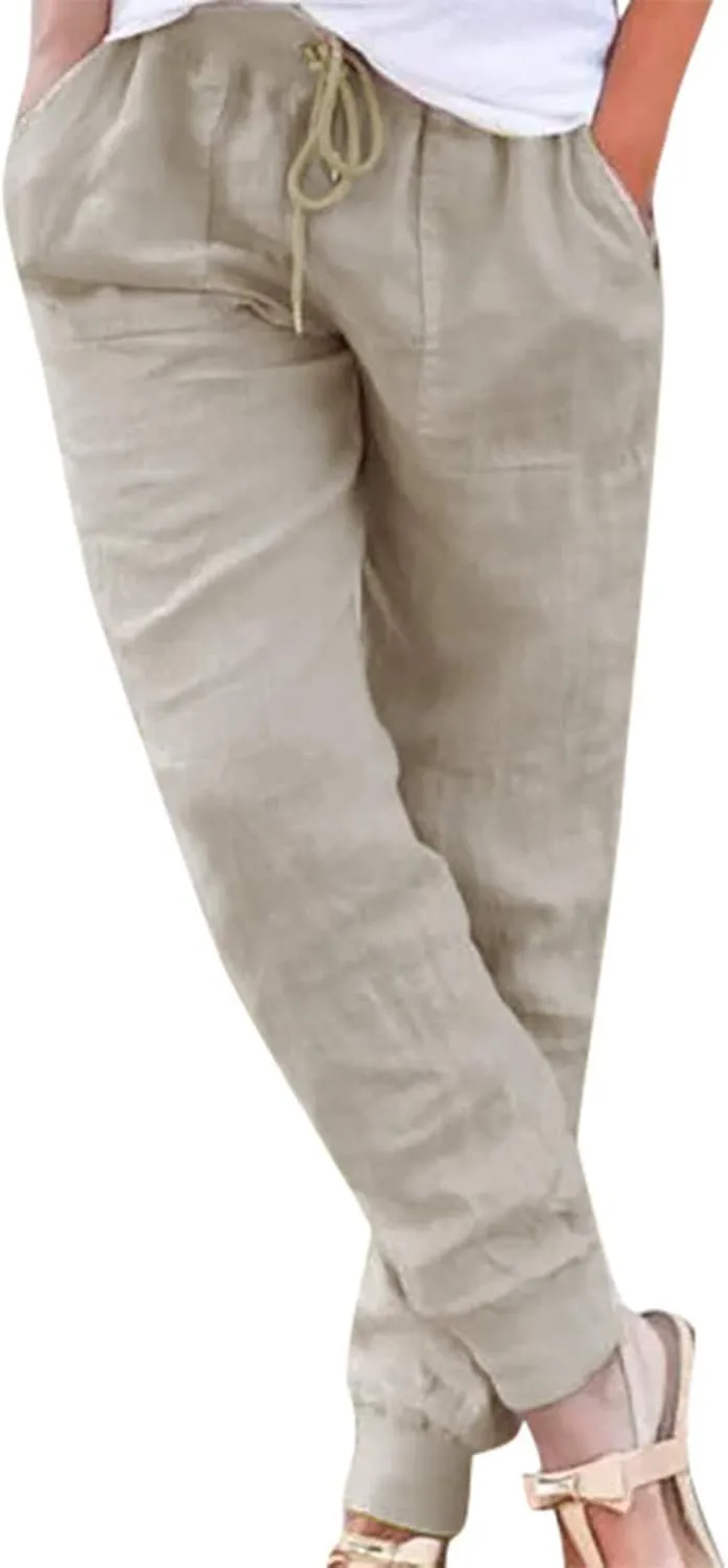 Womens Cotton Linen Tapered Pants Summer Drawstring Elastic Waist Pants Casual Trousers with Pockets