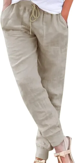 Womens Cotton Linen Tapered Pants Summer Drawstring Elastic Waist Pants Casual Trousers with Pockets
