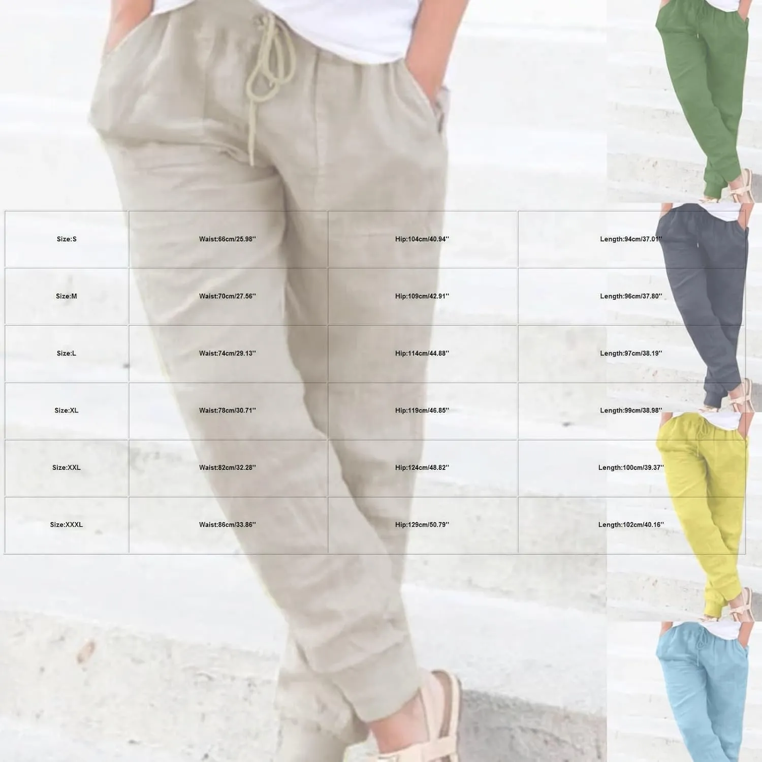 Womens Cotton Linen Tapered Pants Summer Drawstring Elastic Waist Pants Casual Trousers with Pockets