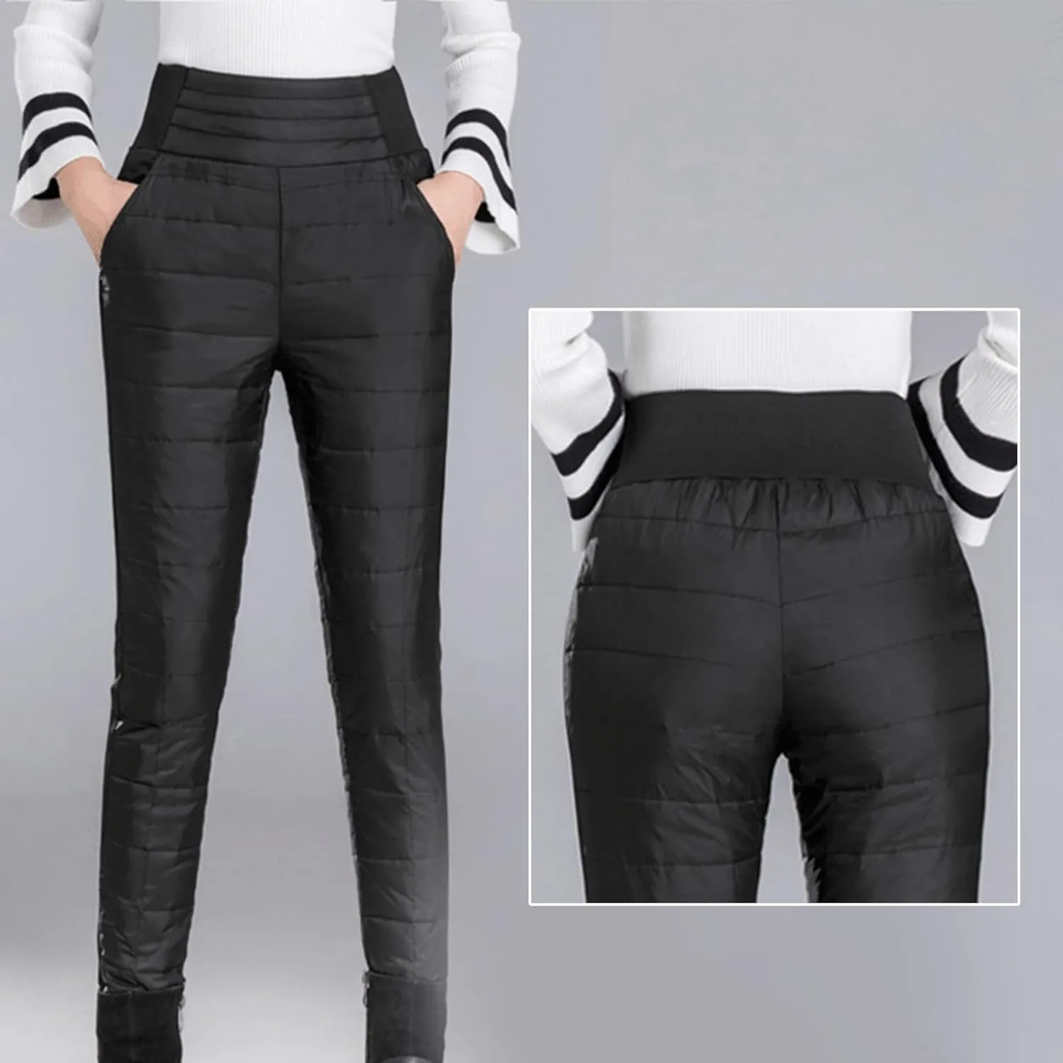 Womens Down Pants Winter Warm Elastic High Waist Quilted Ultralight Puffy Snow Ski Pants Trousers