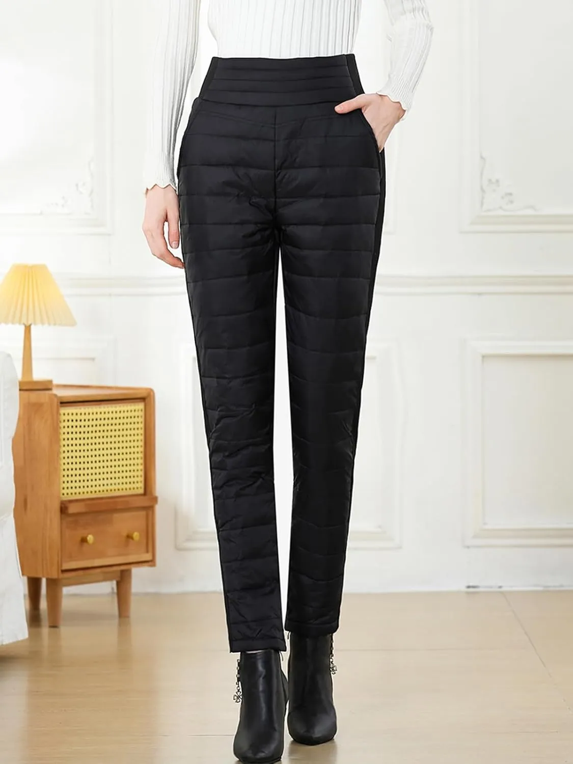 Womens Down Pants Winter Warm Elastic High Waist Quilted Ultralight Puffy Snow Ski Pants Trousers
