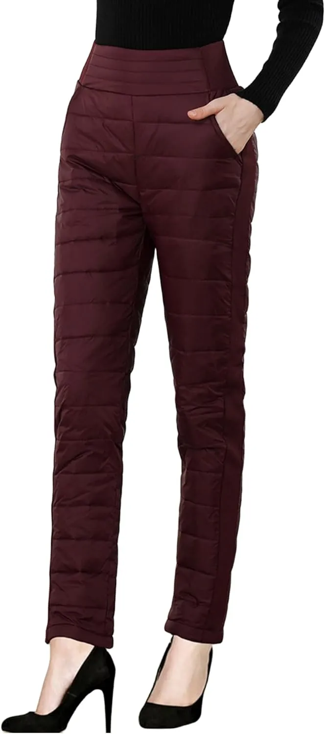 Womens Down Pants Winter Warm Elastic High Waist Quilted Ultralight Puffy Snow Ski Pants Trousers