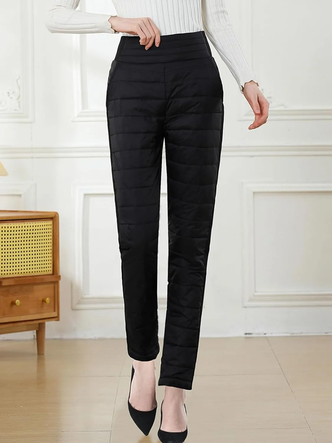 Womens Down Pants Winter Warm Elastic High Waist Quilted Ultralight Puffy Snow Ski Pants Trousers