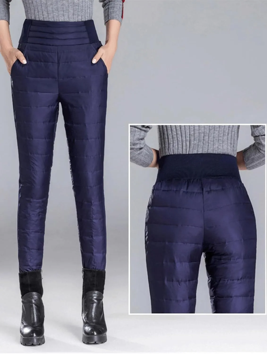 Womens Down Pants Winter Warm Elastic High Waist Quilted Ultralight Puffy Snow Ski Pants Trousers