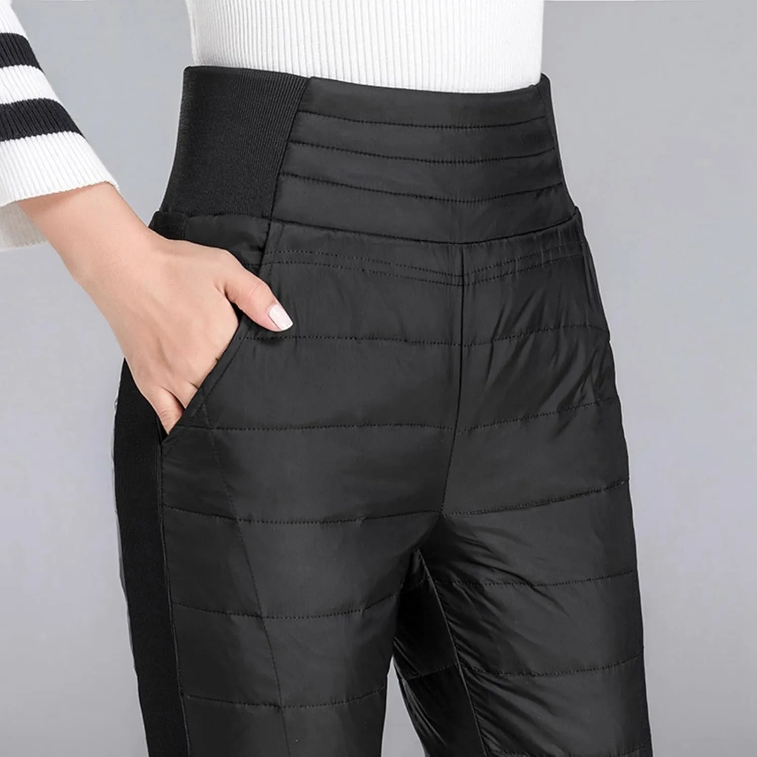 Womens Down Pants Winter Warm Elastic High Waist Quilted Ultralight Puffy Snow Ski Pants Trousers