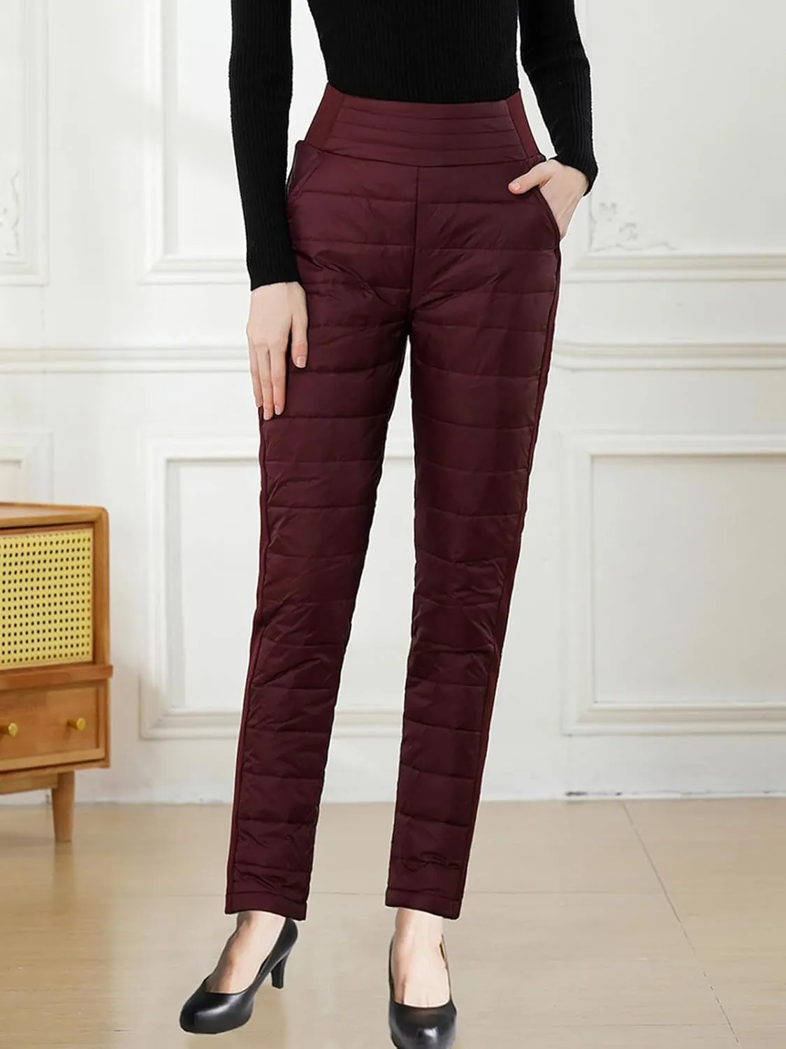 Womens Down Pants Winter Warm Elastic High Waist Quilted Ultralight Puffy Snow Ski Pants Trousers