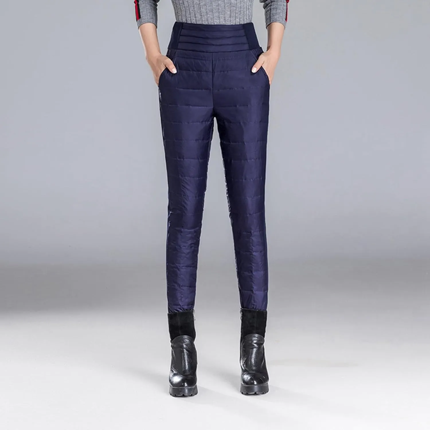 Womens Down Pants Winter Warm Elastic High Waist Quilted Ultralight Puffy Snow Ski Pants Trousers