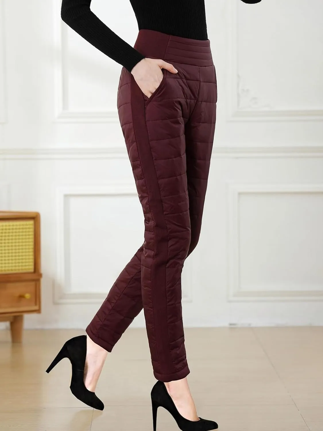 Womens Down Pants Winter Warm Elastic High Waist Quilted Ultralight Puffy Snow Ski Pants Trousers
