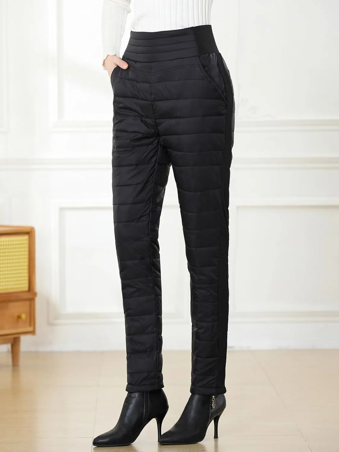 Womens Down Pants Winter Warm Elastic High Waist Quilted Ultralight Puffy Snow Ski Pants Trousers