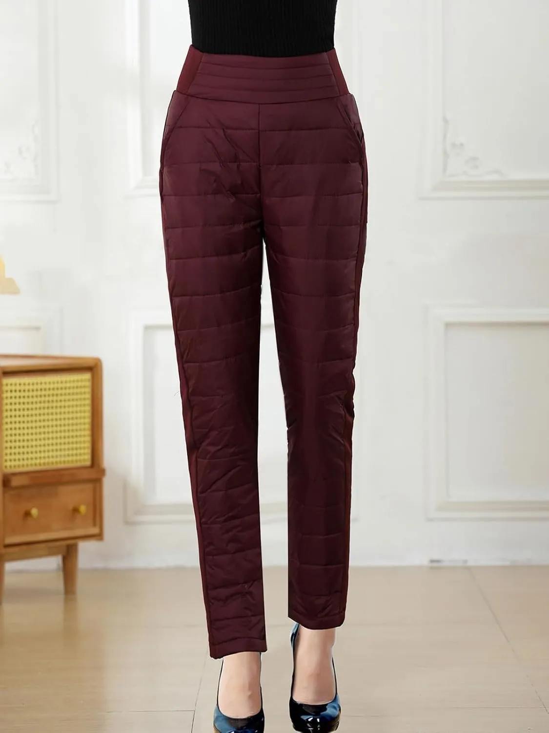 Womens Down Pants Winter Warm Elastic High Waist Quilted Ultralight Puffy Snow Ski Pants Trousers