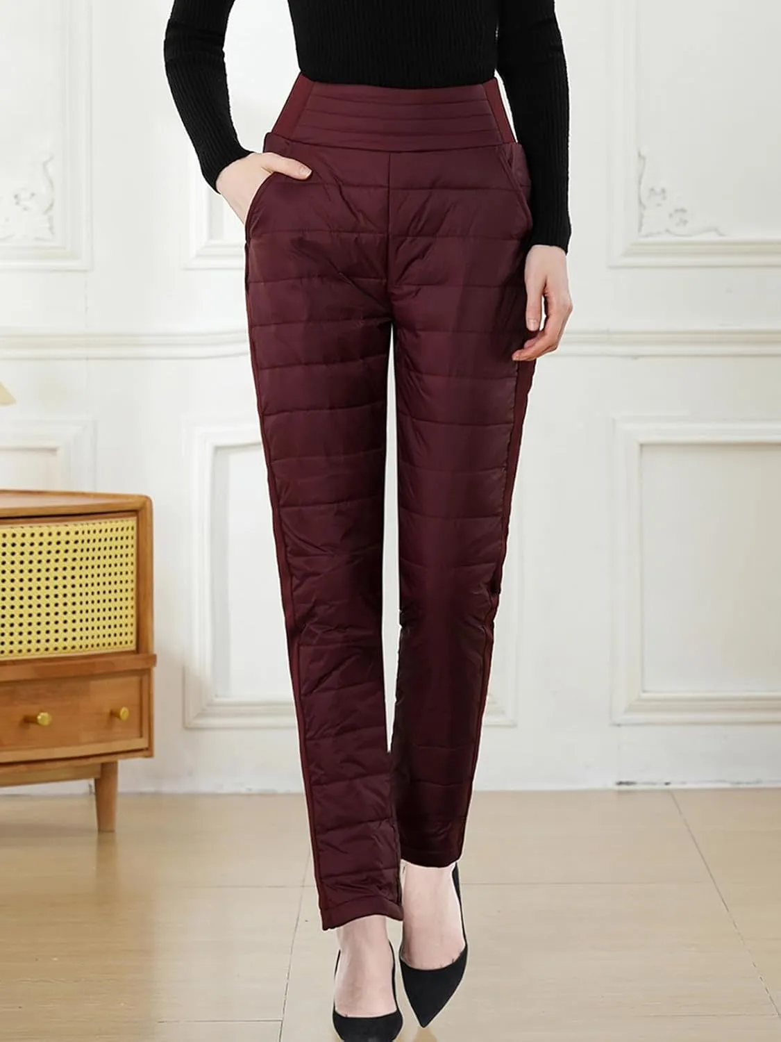 Womens Down Pants Winter Warm Elastic High Waist Quilted Ultralight Puffy Snow Ski Pants Trousers