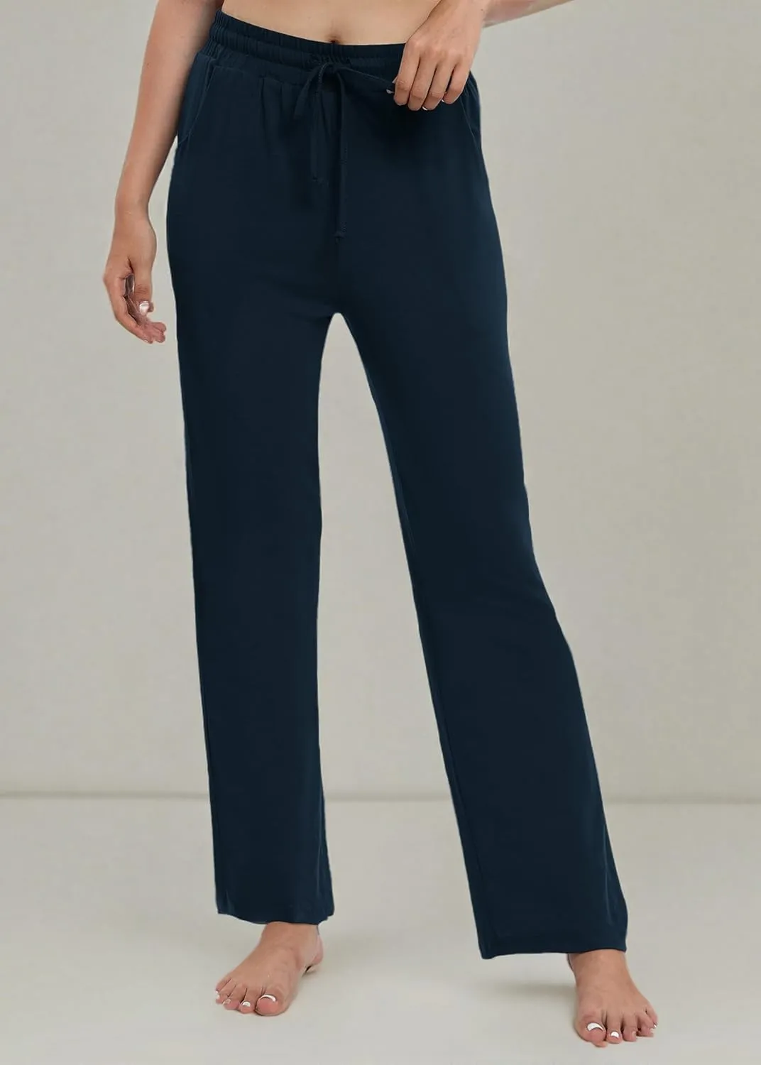 Women's Drawstring Casual Pants Stretchy High Waisted Loose Straight Leg Pants Jogger Trousers with Pockets