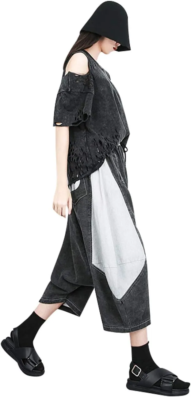 Women's Elastic Waist Contrast Color Drop Crotch Harem Pants