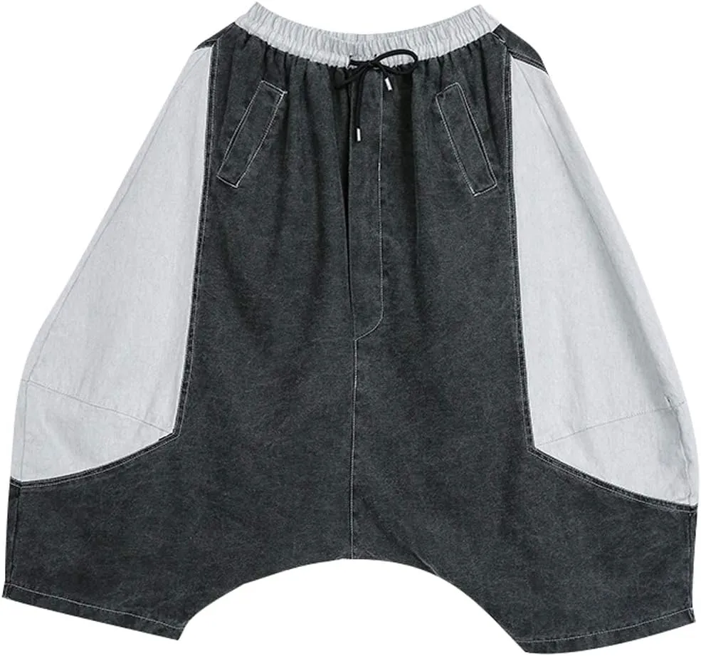Women's Elastic Waist Contrast Color Drop Crotch Harem Pants