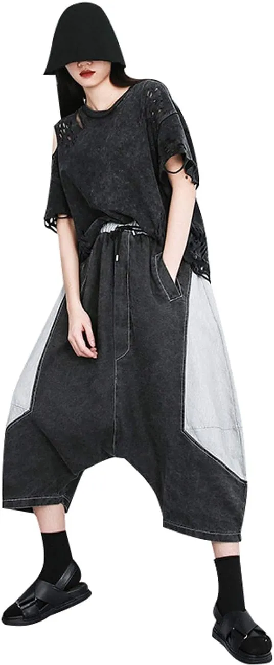 Women's Elastic Waist Contrast Color Drop Crotch Harem Pants