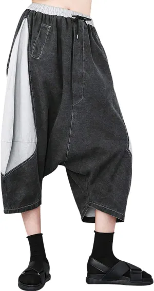 Women's Elastic Waist Contrast Color Drop Crotch Harem Pants