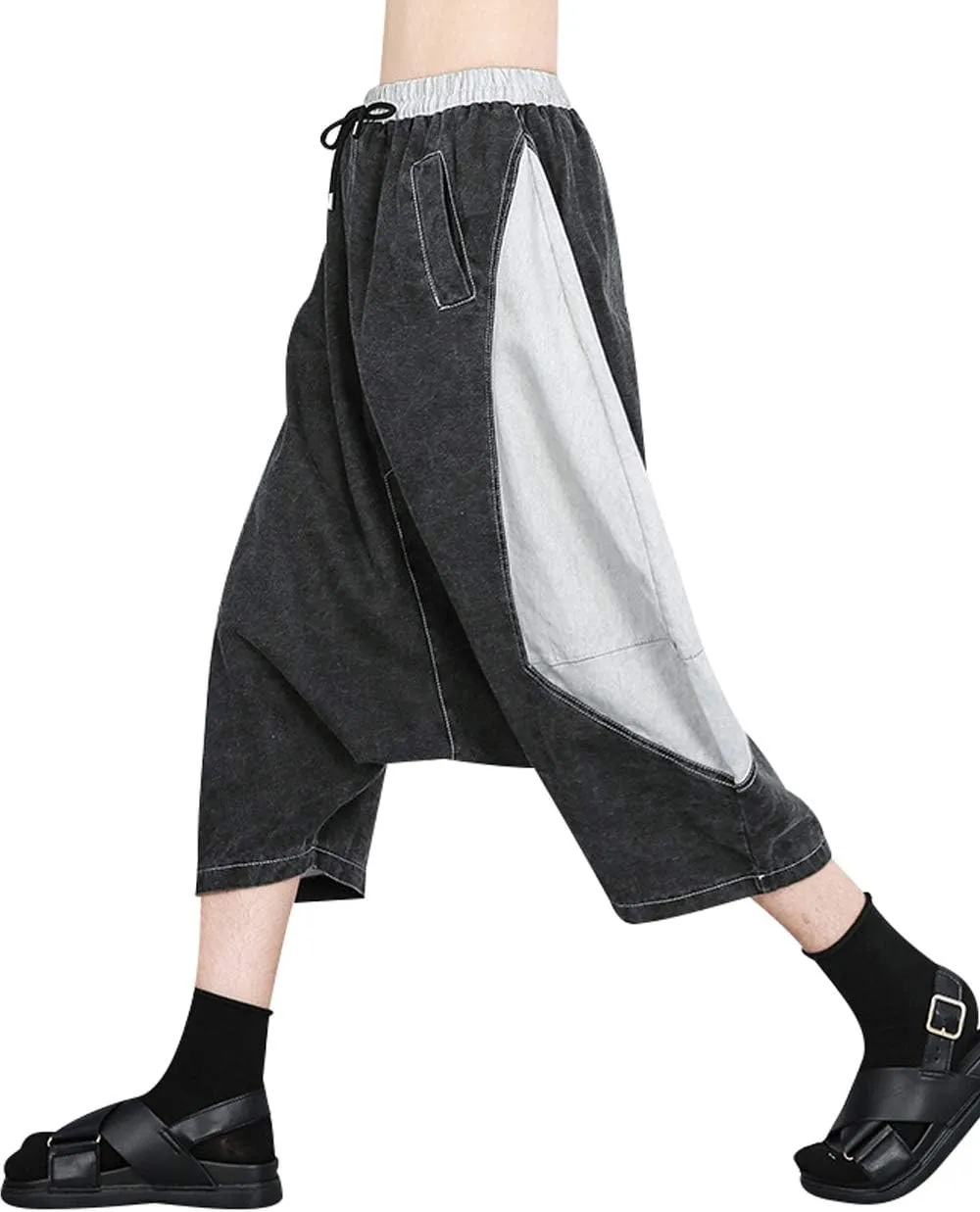 Women's Elastic Waist Contrast Color Drop Crotch Harem Pants