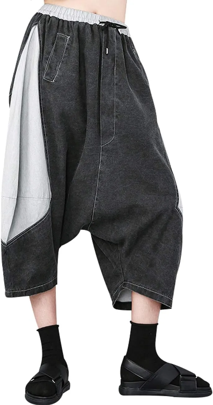 Women's Elastic Waist Contrast Color Drop Crotch Harem Pants