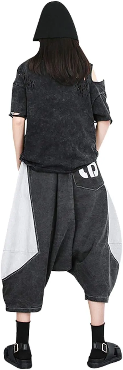 Women's Elastic Waist Contrast Color Drop Crotch Harem Pants