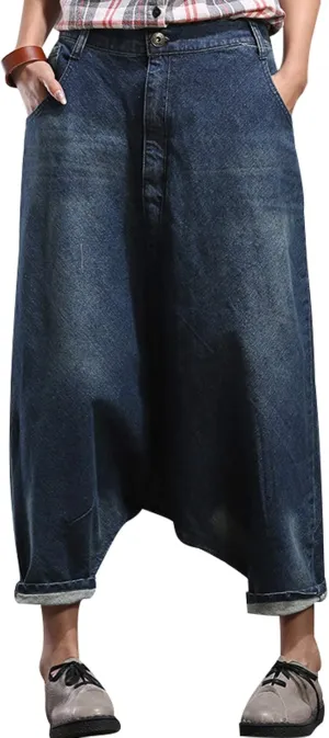 Women's Elastic Waist Denim Trousers Cotton Jeans Big Crotch Harem Pants