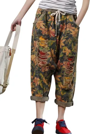 Women's Elastic Waist Harem Pants Drop Crotch Ripped Jeans Style 4