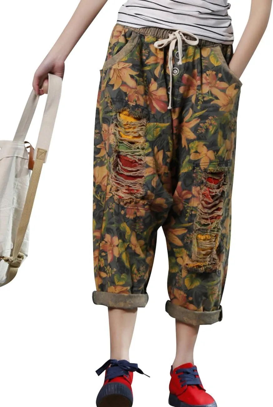 Women's Elastic Waist Harem Pants Drop Crotch Ripped Jeans Style 4