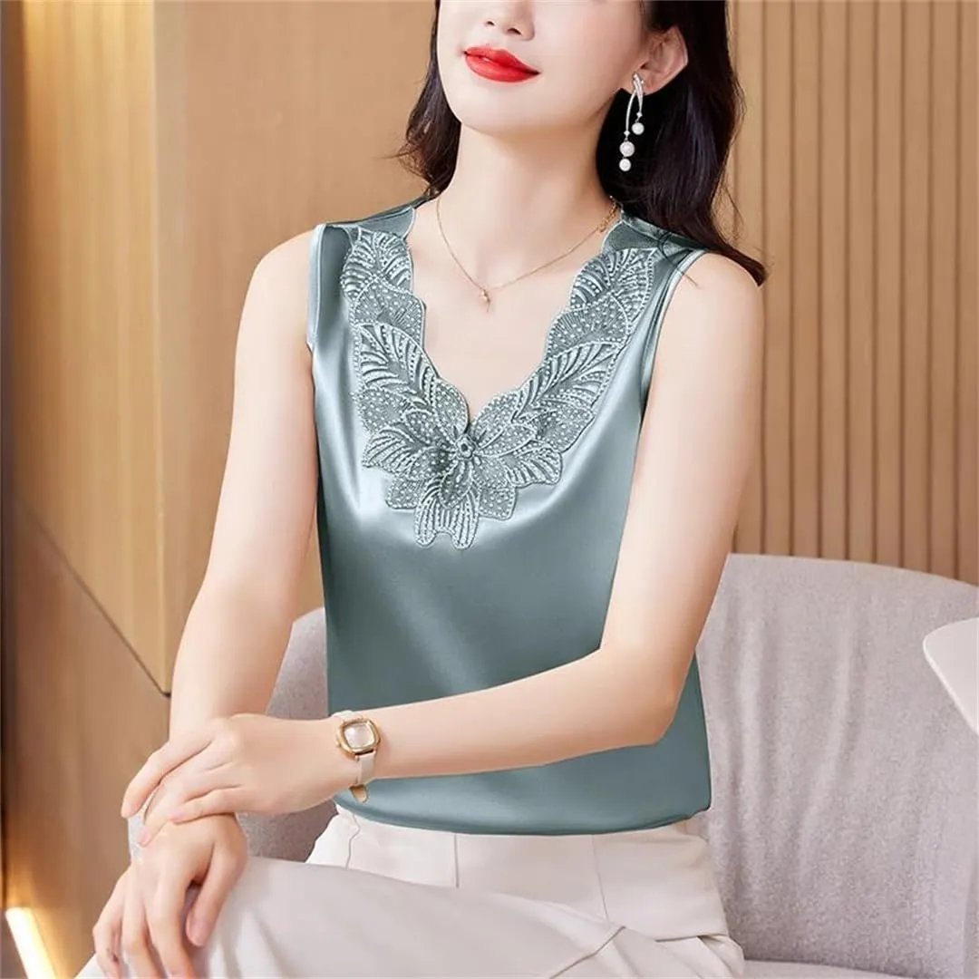 Women's Embroidery Vest Shirt Spring Summer Silk Satin Tank Tops Sleeveless Camisole