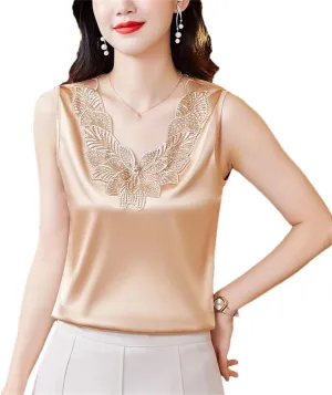 Women's Embroidery Vest Shirt Spring Summer Silk Satin Tank Tops Sleeveless Camisole