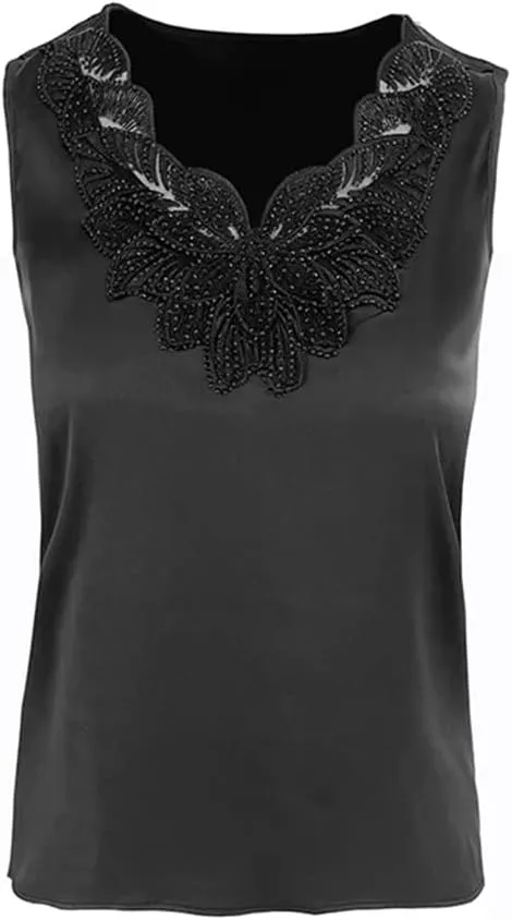 Women's Embroidery Vest Shirt Spring Summer Silk Satin Tank Tops Sleeveless Camisole