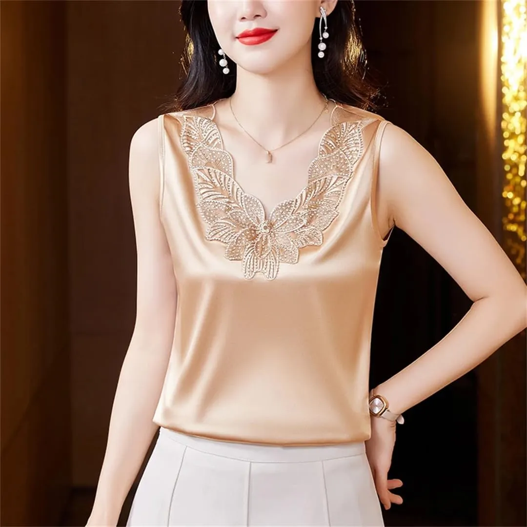 Women's Embroidery Vest Shirt Spring Summer Silk Satin Tank Tops Sleeveless Camisole
