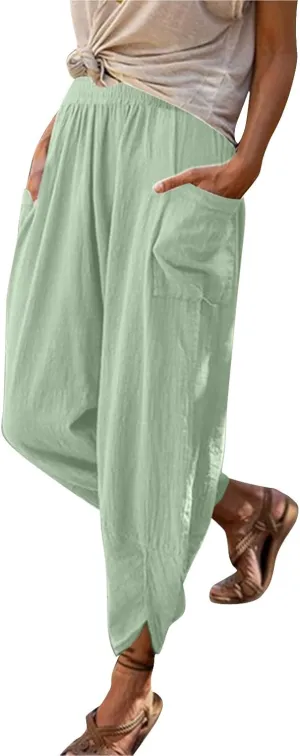 Womens Fashion Long Pant Elastic Waist High Waist Casual Trousers Harem Pants Women