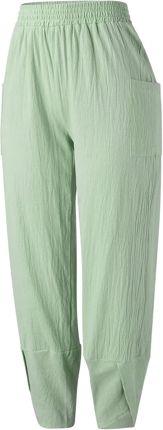 Womens Fashion Long Pant Elastic Waist High Waist Casual Trousers Harem Pants Women