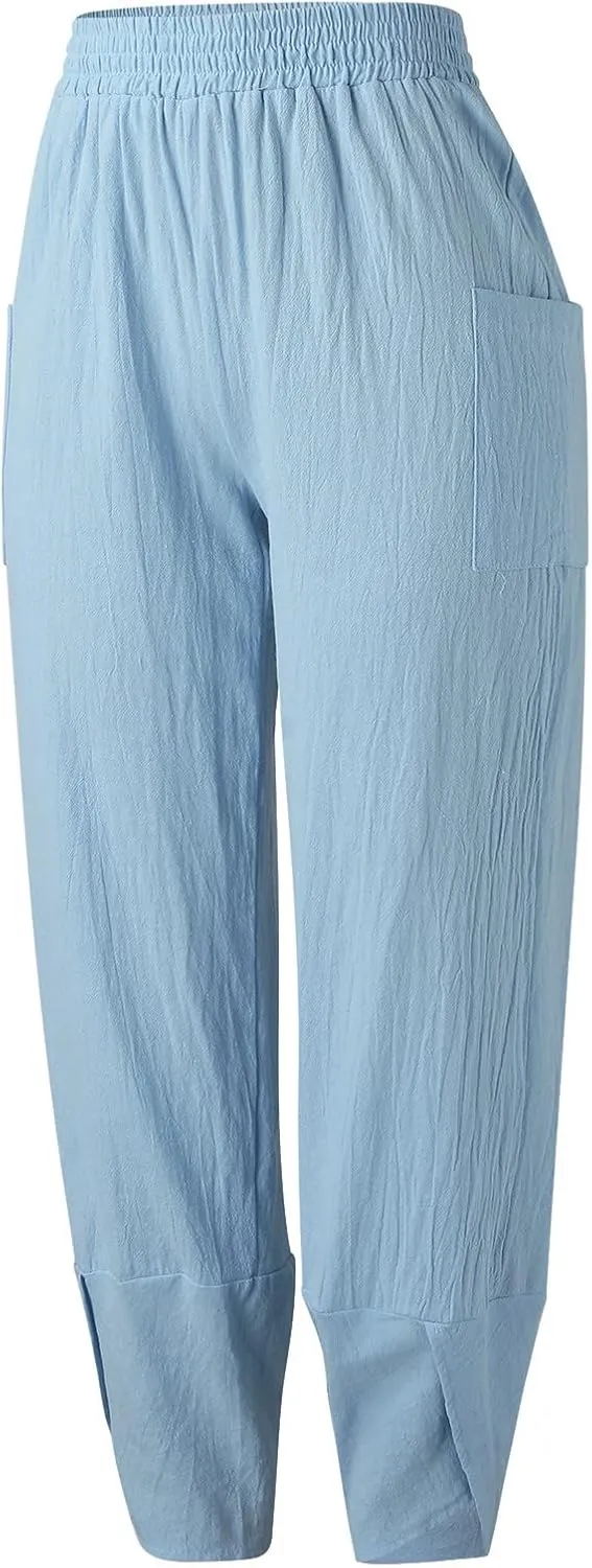 Womens Fashion Long Pant Elastic Waist High Waist Casual Trousers Harem Pants Women