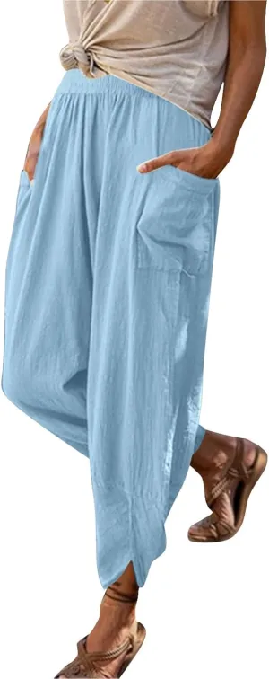 Womens Fashion Long Pant Elastic Waist High Waist Casual Trousers Harem Pants Women