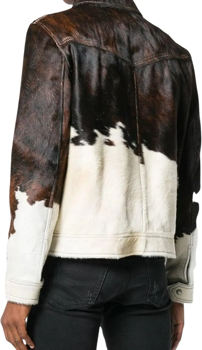 Women's Genuine Cowhide Hair-On Leather Jacket  Western Rodeo Style, Zip-Up, Vintage Biker Coat