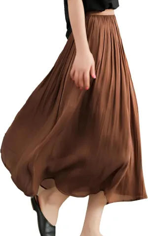 Women's High Waist Pleated A-Line Midi Skirt Double Layer Elastic Waist Shiny Swing Skirt