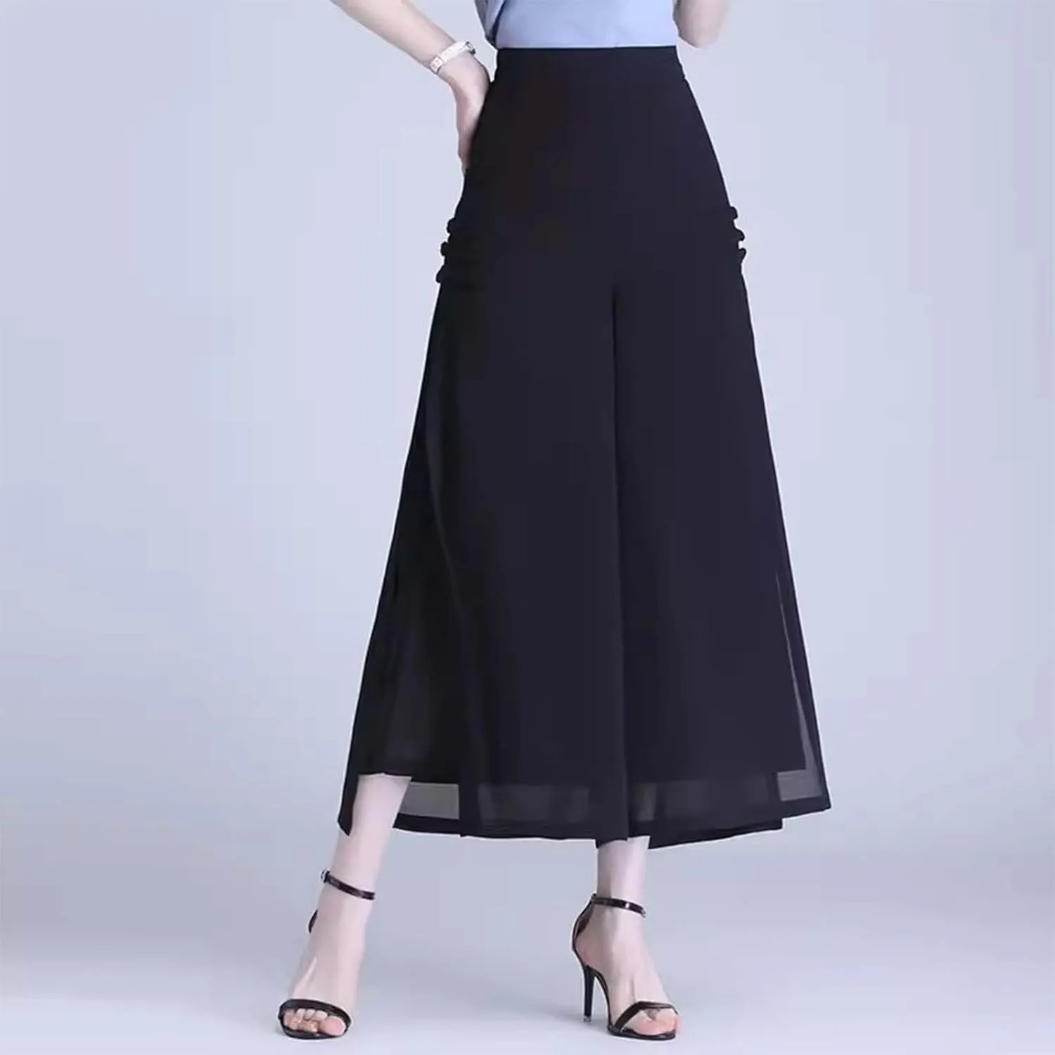 Womens High Waist Wide Leg Trousers Chiffon Palazzo Pants Elastic Waist Culott Dresses Business Pants