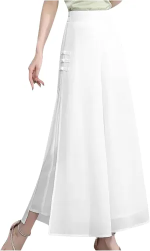 Womens High Waist Wide Leg Trousers Chiffon Palazzo Pants Elastic Waist Culott Dresses Business Pants