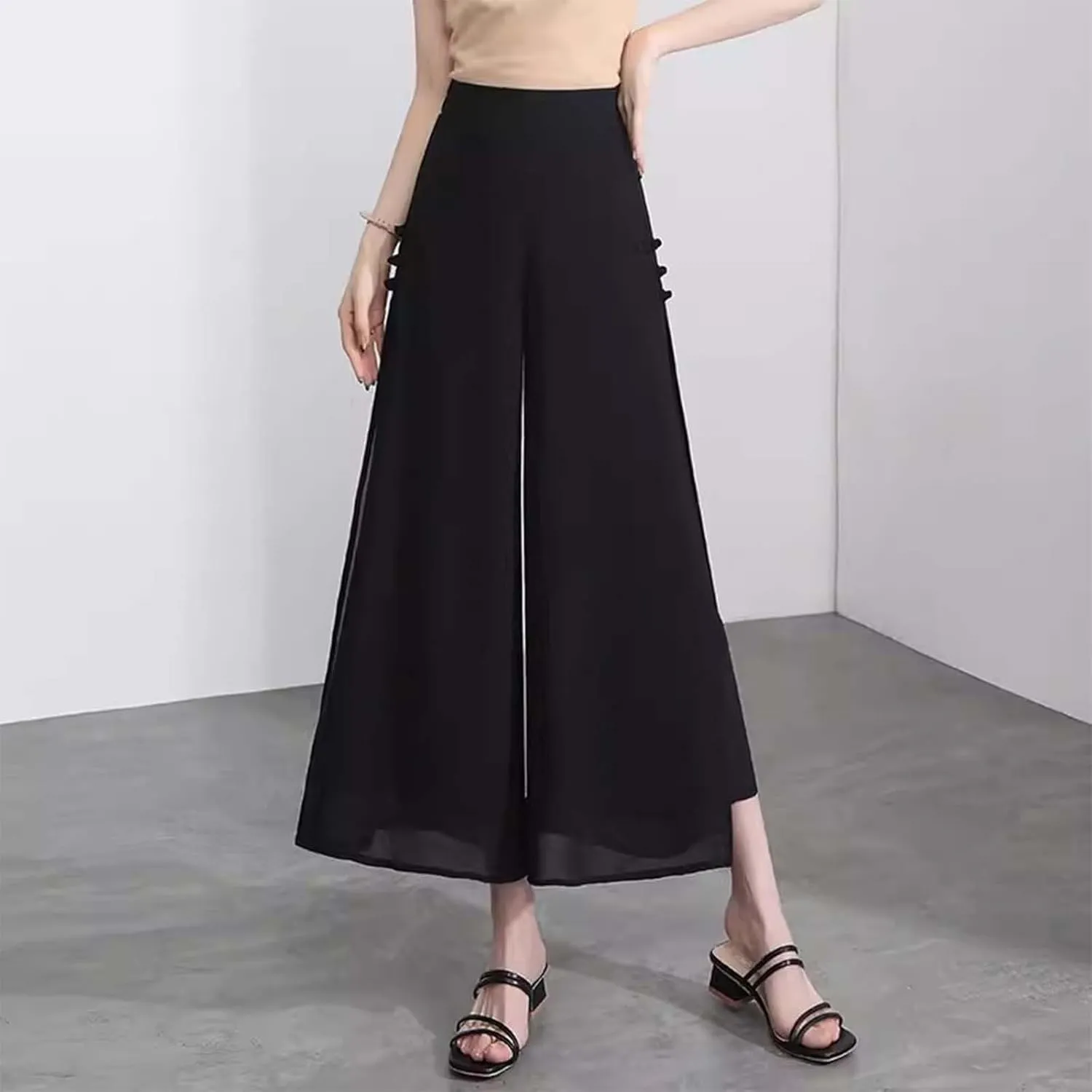 Womens High Waist Wide Leg Trousers Chiffon Palazzo Pants Elastic Waist Culott Dresses Business Pants
