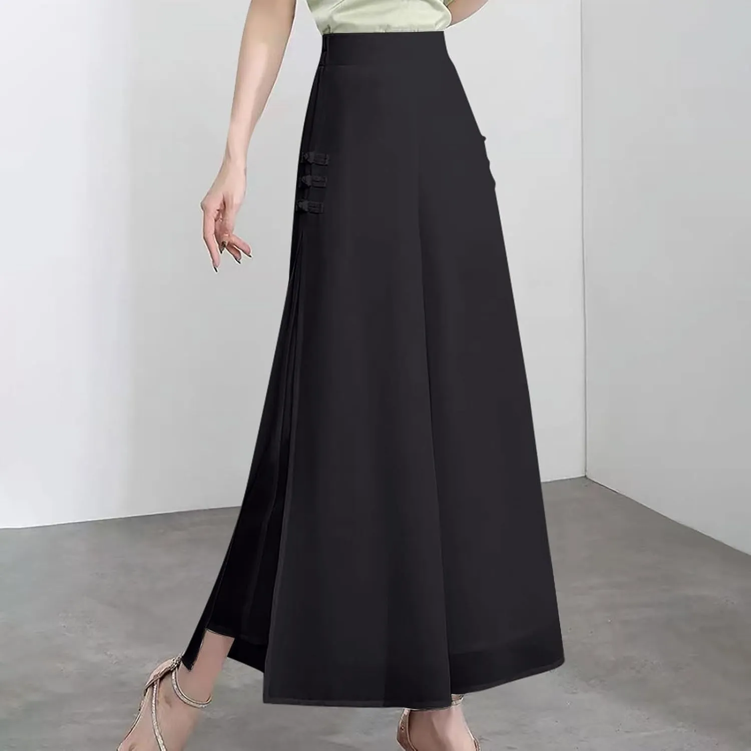 Womens High Waist Wide Leg Trousers Chiffon Palazzo Pants Elastic Waist Culott Dresses Business Pants