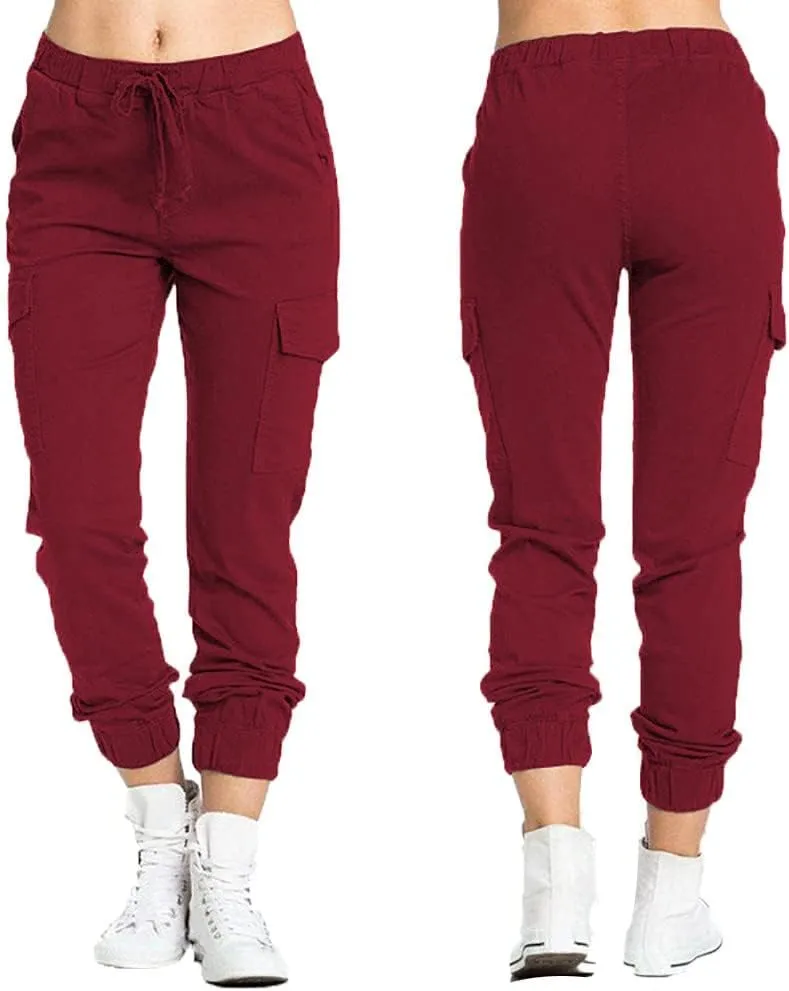 Womens High Waisted Cargo Pants Business Work Trousers Drawstring Elastic Waist Tapered Pants Available in Plus Size