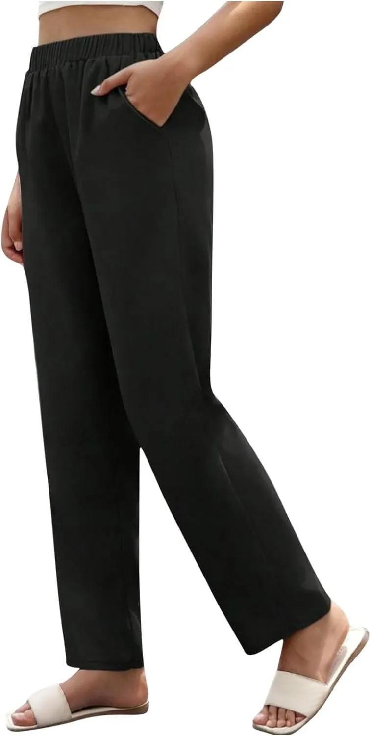 Women's High Waisted Straight Leg Pants Stretchy Business Casual Pants Elastic Waist Work Trousers with Pockets