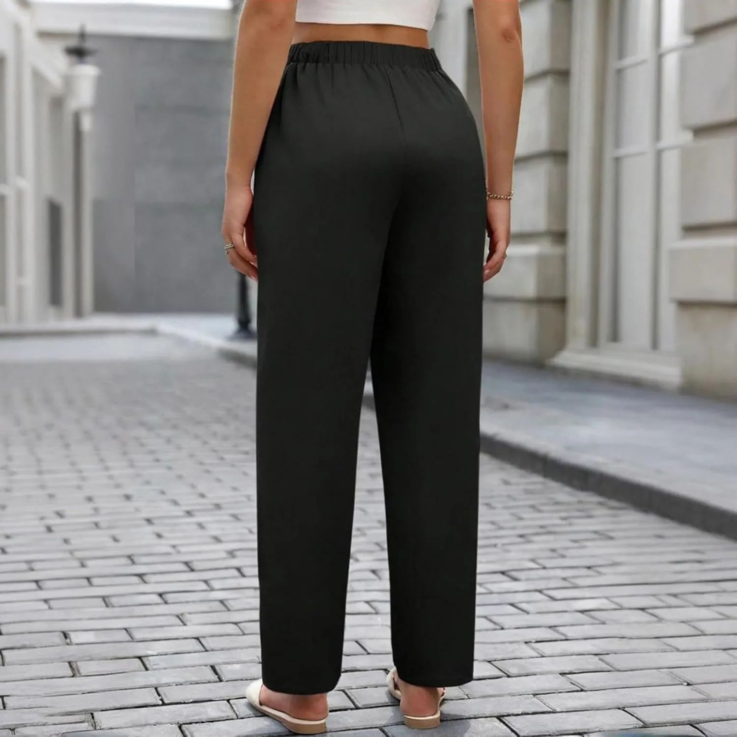 Women's High Waisted Straight Leg Pants Stretchy Business Casual Pants Elastic Waist Work Trousers with Pockets