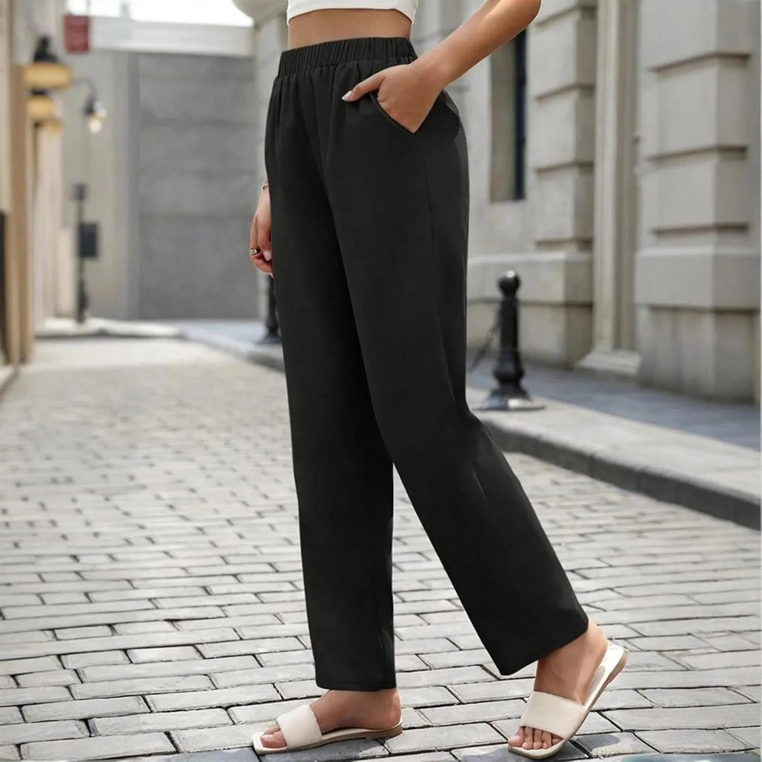 Women's High Waisted Straight Leg Pants Stretchy Business Casual Pants Elastic Waist Work Trousers with Pockets