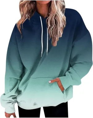 Women's Hoodies Oversized Gradient Long Sleeve Casual Sweatshirts Plus Size Drawstring Large Pocket Pullover Tops