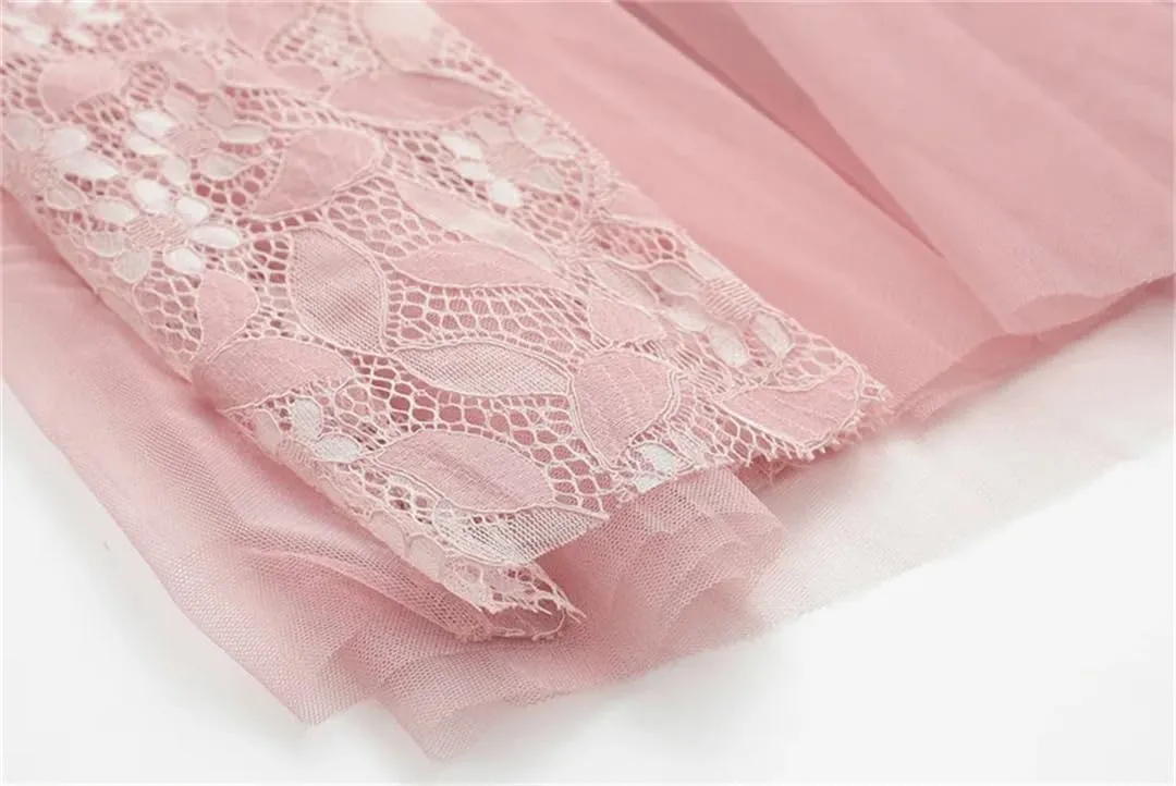 Women's Lace Embroidered Mesh Skirt Street Elastic Waist A-Line Embroidered Lace-Up Midi Skirts