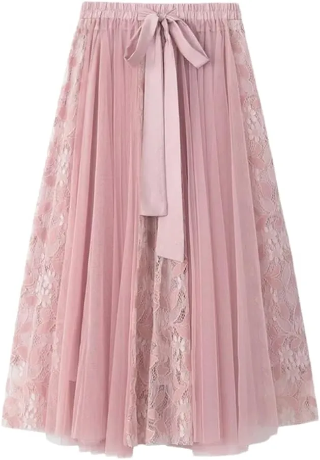 Women's Lace Embroidered Mesh Skirt Street Elastic Waist A-Line Embroidered Lace-Up Midi Skirts